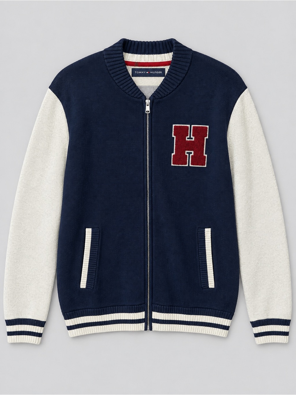 Tommy Hilfiger Men's Navy and Cream Varsity Zip Sweater